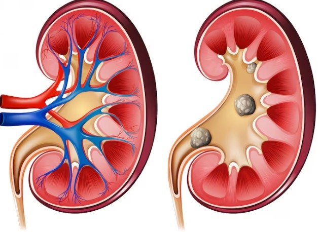 Best Kidney Stone Treatment in Noida showing medical illustration of healthy kidney and kidney with stones